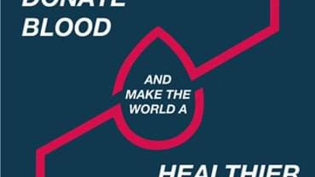 Text graphic with the words: "Donate blood and make the world a healthier place," with a stylized red outline and Bayer logo.