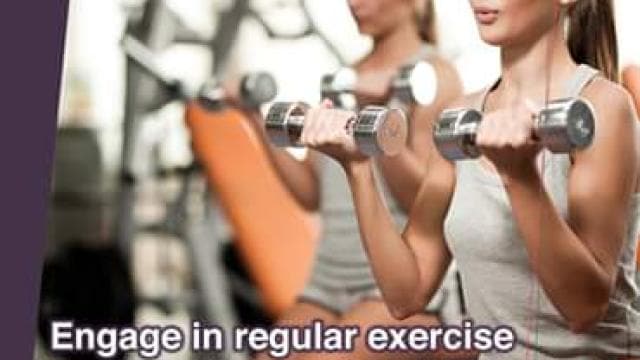 Two women lifting dumbbells in a gym setting with text promoting regular exercise and well-being.