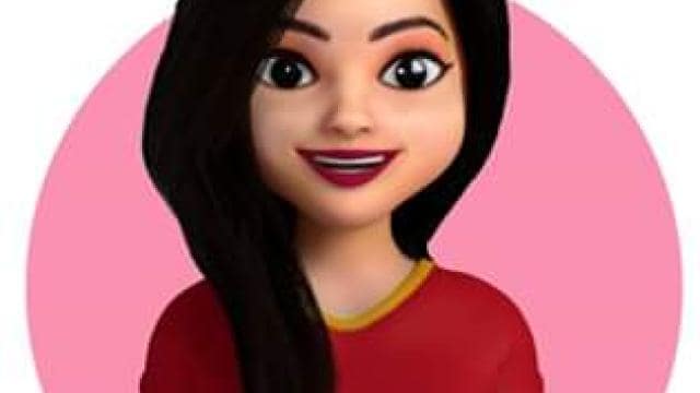 A cartoon woman with long black hair, wearing a red shirt, smiles against a pink circle background.