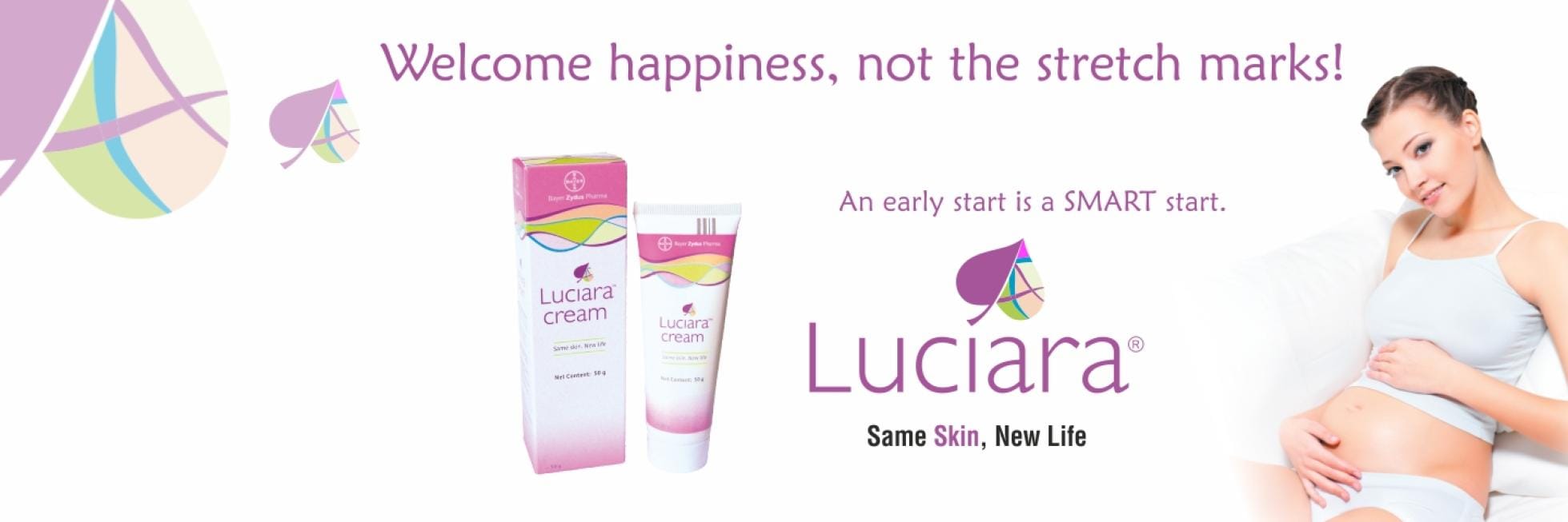 Advertisement for Luciara cream, featuring packaging and a pregnant woman touching her belly. Text: "Welcome happiness, not the stretch marks!" and "Same Skin, New Life.